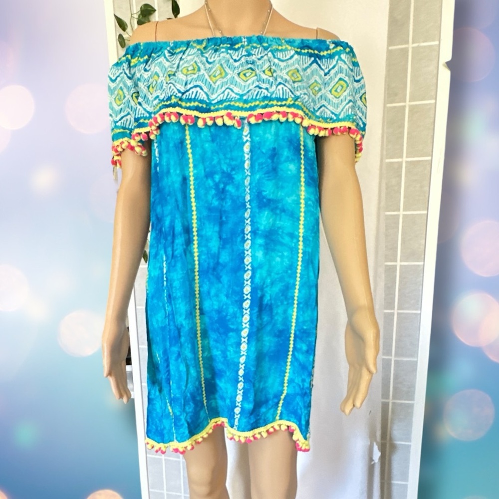 NWT!! Women’s Turquoise Blue Boho Dress with Pom Pom Trim - Picture 11 of 12
